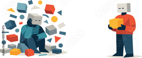 Second abstract geometric human figure appears holding a single distilled knowledge block while first remains surrounded showing