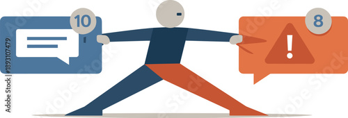 Single abstract geometric human figure pulled in opposing directions by competing message blocks revealing tension and