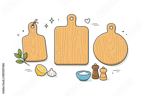 Eco-Friendly Kitchen Boards. Natural wood kitchen boards. Simple cutting boards with handles arranged in a clean layout, highlighting eco-friendly materials