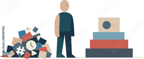 Calm abstract geometric human figure stands beside simplified grounded routine block in wide white space reframing digital