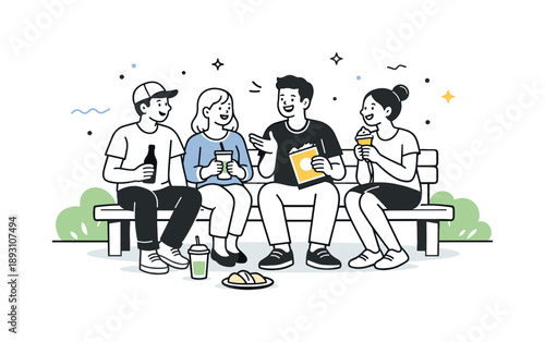 Park Bench Friends. Friends hanging out overview. A calm editorial scene showing a group of friends sitting together at a park bench, chatting and laughing