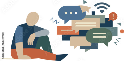 Abstract geometric human figure surrounded by overlapping message blocks and signal shapes suggesting digital chaos of modern