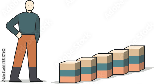 Calm abstract geometric human figure stands beside few fully aligned repeated blocks in wide white space reframing conceptual