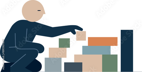 Geometric Mindful Arrangement. Single abstract geometric human figure aligns multiple blocks into structured arrangement revealing