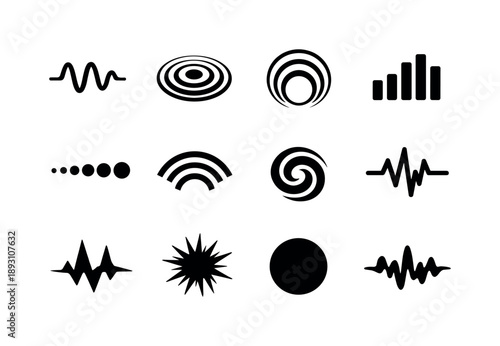 Abstract Sound Icons. Abstract shapes and colors representing sound. Solid icon set of abstract shapes and colors representing sound: wave line, sound ripple,