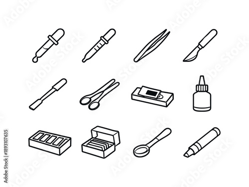 Slide Prep Icons. Slide Preparation Tools. Line icon set of Slide Preparation Tools: dropper, pipette, tweezers, scalpel, spatula, forceps, slide holder, glue