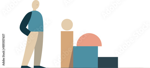 Calm abstract geometric human figure stands beside few fully aligned abstract shapes in wide white space reframing abstraction