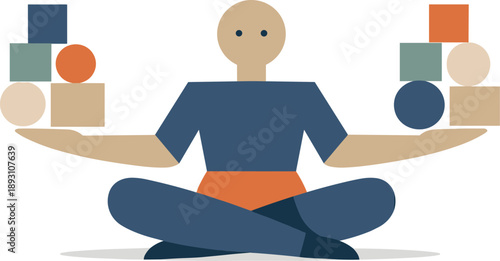 Geometric Balance Figure. Single abstract geometric human figure aligns opposing clusters into symmetrical arrangement revealing