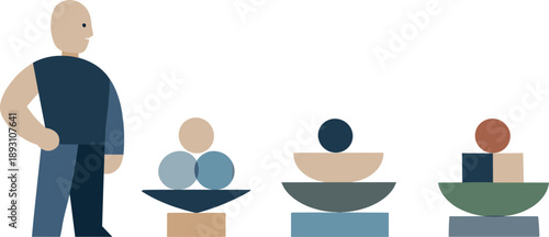 Geometric Figure Clarity. Calm abstract geometric human figure stands beside few fully balanced clusters in wide white space