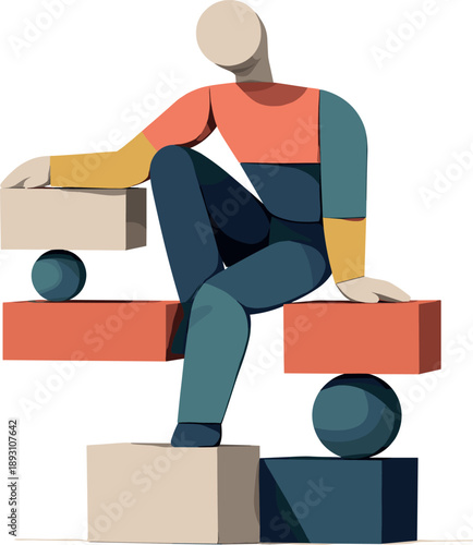 Geometric Human Integration. Calm abstract geometric human figure stands beside simplified resolved symbol in wide white space