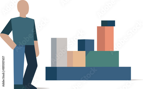 Abstract geometric human figure stands beside aligned structural blocks suggesting reasoning guided by structure in isolated