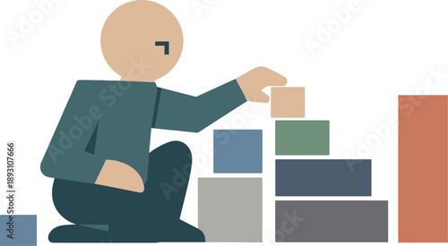 Single abstract geometric human figure aligns remaining blocks into minimal structured arrangement revealing clarity, focus, and