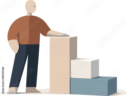 Image Generation. Calm abstract geometric human figure stands beside few fully refined minimal blocks in wide white space