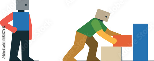 Image Generation. Second abstract geometric human figure appears moving one block into sequential relation while first observes,