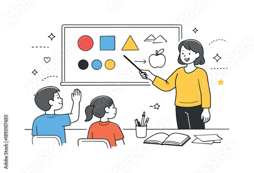Creative Art Lesson. Art education. A teacher calmly explaining basic art concepts to students, pointing at simple shapes and colors on a board. The scene