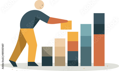 Image Generation. Single abstract geometric human figure arranges multiple aligned blocks into coherent structured sequence