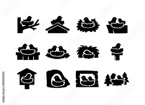 Bird Nest Location Icons. Birds building nests locations. Solid icon set of Birds building nests locations: tree nest, rooftop nest, bush nest, cliff nest,