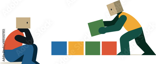 Image Generation. Second abstract geometric human figure appears moving one block into sequential relation while first observes,