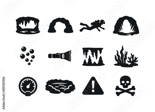 Mystic Grotto Icons. Mystic Underwater Grotto. Solid icon set of Mystic Underwater Grotto: grotto chamber, rock arch, diver silhouette, glowing cave opening,