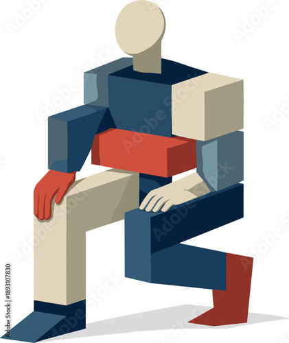 Image Generation. Abstract geometric human figure partially integrates with constrained blocks becoming simplified structured form