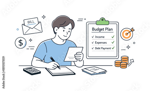Debt Management Planning. Personal debt planning. A person reviewing bills and a simple budget plan with a calm, focused expression. The illustration