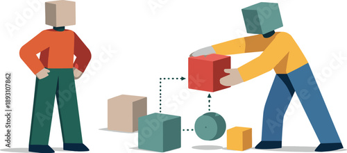 Second abstract geometric human figure appears connecting one block to others while first observes, showing early interaction