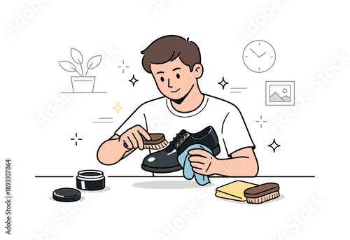 Shoe Care Routine. Polishing shoes. Person applying polish to leather shoes with brush and cloth, showing attention to detail and maintenance. Calm, productive