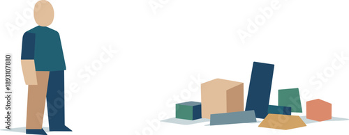 Image Generation. Abstract geometric human figure stands apart from scattered abstract blocks suggesting understanding shaped by