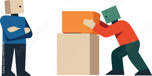 Image Generation. Second abstract geometric human figure appears adjusting one block while first observes, showing early