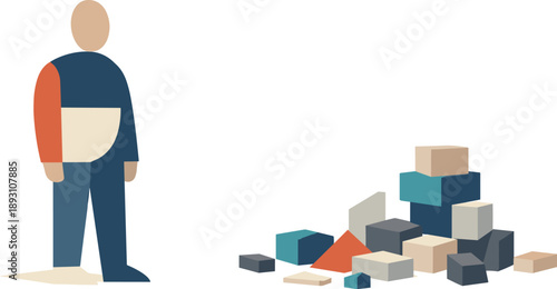 Abstract geometric human figure stands beside scattered fragmented blocks suggesting order forming from fragments in isolated
