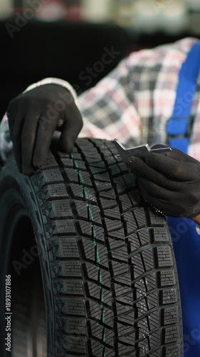 Mechanic checking car tire tread depth with a gauge