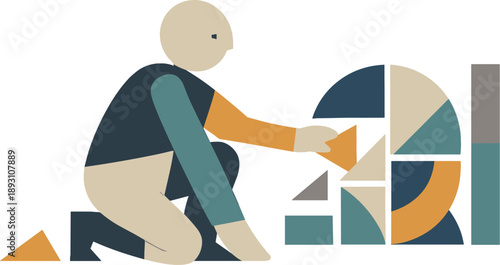 Single abstract geometric human figure aligns multiple fragments into coherent partial arrangement revealing