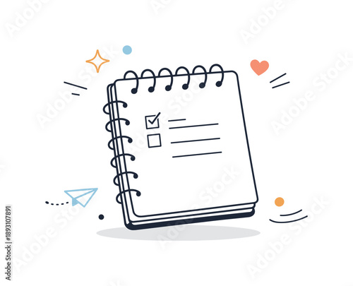 Minimal Notebook Illustration. Minimal notebook illustration. A compact paper notebook slightly tilted, pages subtly layered, surrounded by light abstract