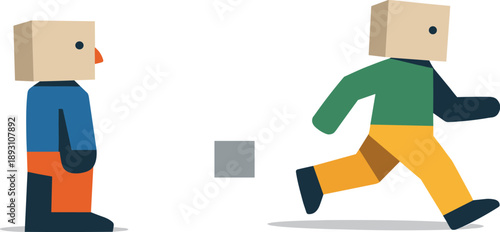 Second abstract geometric human figure appears moving one block apart from others while first observes, showing early interaction