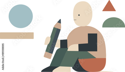 Abstract geometric human figure surrounded by a few carefully isolated shapes suggesting ideas clarified by reduction, stylized