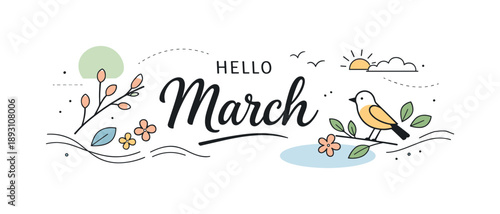 Spring Banner Design. March seasonal banner templates. A clean horizontal banner with soft spring color accents, abstract shapes, and light decorative lines