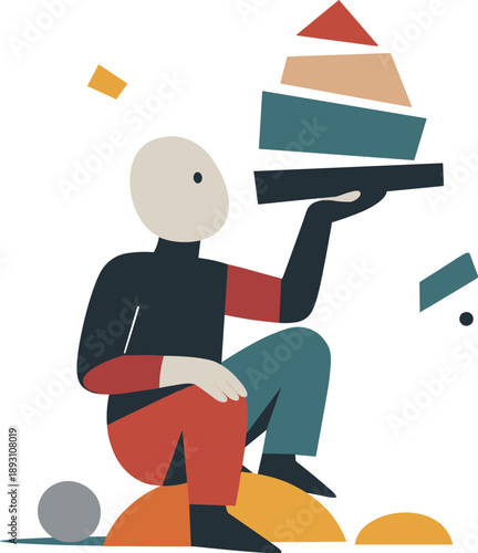 Single abstract geometric figure balances multiple semi-aligned fragments while remaining elements settle,