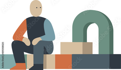 Abstract geometric human figure positioned among interconnected blocks suggesting structure supporting creative reasoning,