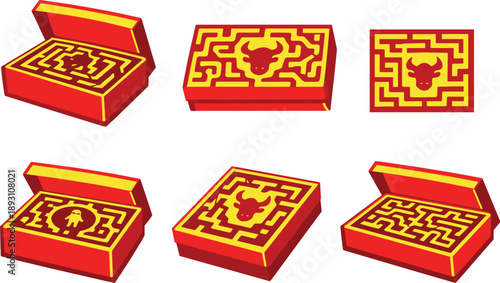 Minotaur Maze Icons. Two-Color vector icons of minotaur labyrinth in shoebox: shoebox with maze interior, open box revealing mini