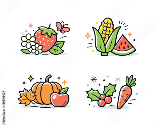 Seasonal Produce Icons. Seasonal produce icon set. A small collection of simplified fruit and vegetable icons, each hinting at a different season through color