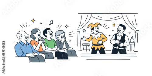 Laughing Theater Audience. Theater audience laughing at a comedy play. A seated audience reacting with laughter and smiles while watching actors on stage. The