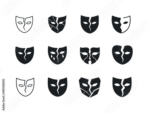 Emotional Mask Icons. Emotional hurt. Icon set. Set Logo of emotional hurt: cracked mask. harmonious logo variations of the same emblematic concept, each with