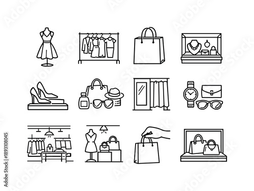 Luxury Boutique Icons. Luxury Boutique Shopping. Line icon set of Luxury Boutique Shopping: luxury dress display, premium fashion rack, elegant shopping bag,