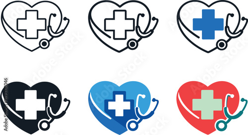 Professional healthcare services icon depicting a medical cross embraced by a heart shape and diagnostic instrument to convey