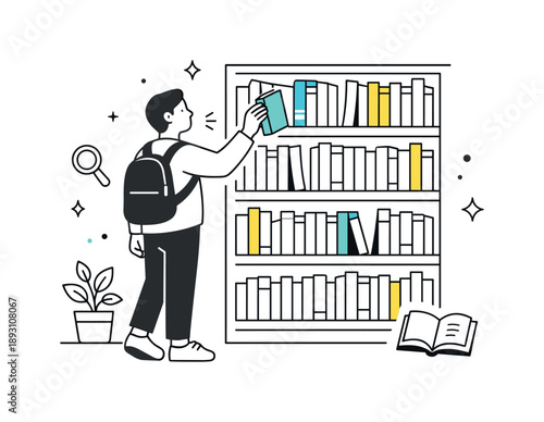 Curious Book Browsing. Library book browsing. A person standing near tall shelves, gently selecting a book and scanning titles. Sense of curiosity