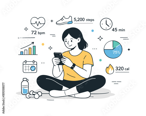 Fitness App Interaction. Interactive fitness apps. Person interacting with a fitness app on a smartphone, tracking progress and activity calmly. Friendly