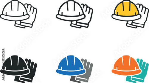 Workplace safety icon depicting a helmet and protective gloves arranged as a single clear symbol of personal protection,