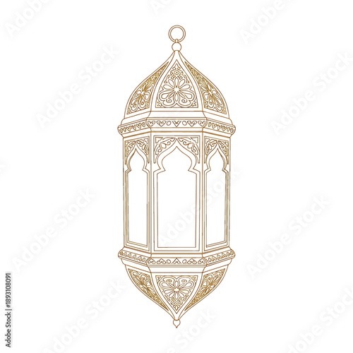 Intricate Golden Arabic Lantern with Ornate Details.