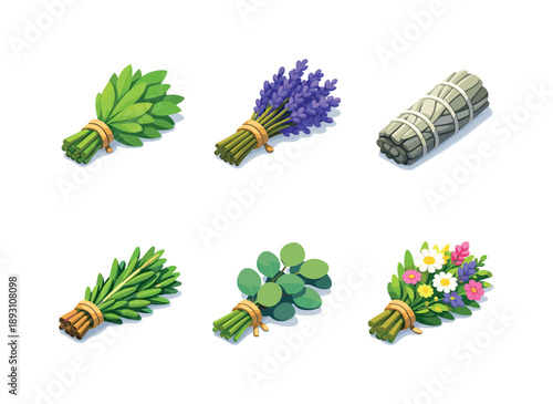 Herbal Bundle Icons. Herbal Bundles. Isometric flat vector icons set of Herbal Bundles: tied herb bundle, dried lavender bunch, sage smudge stick, rosemary