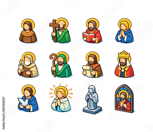 Colorful Saint Icons. Christian saints. Colorful isometric vector icons set of Christian saints: haloed saint figure, saint with cross, saint holding book,